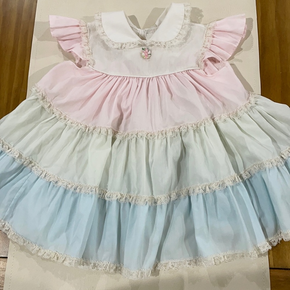 Vintage Bryan Baby Girl Lace Pastel Cotton Candy Rainbow Lace Dress